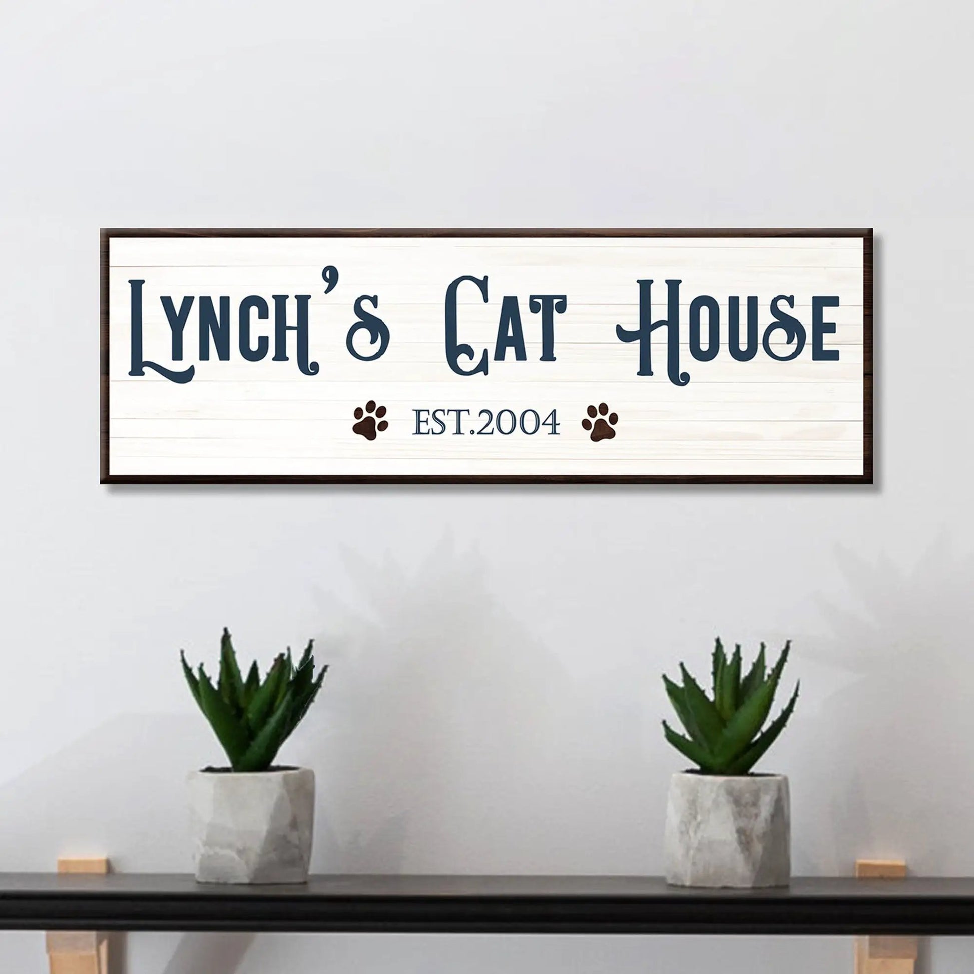 Cat House Sign canvas with navy lettering on whitewashed wood, dark wood frame Tailored Canvases on Tampa Home & Garden Store