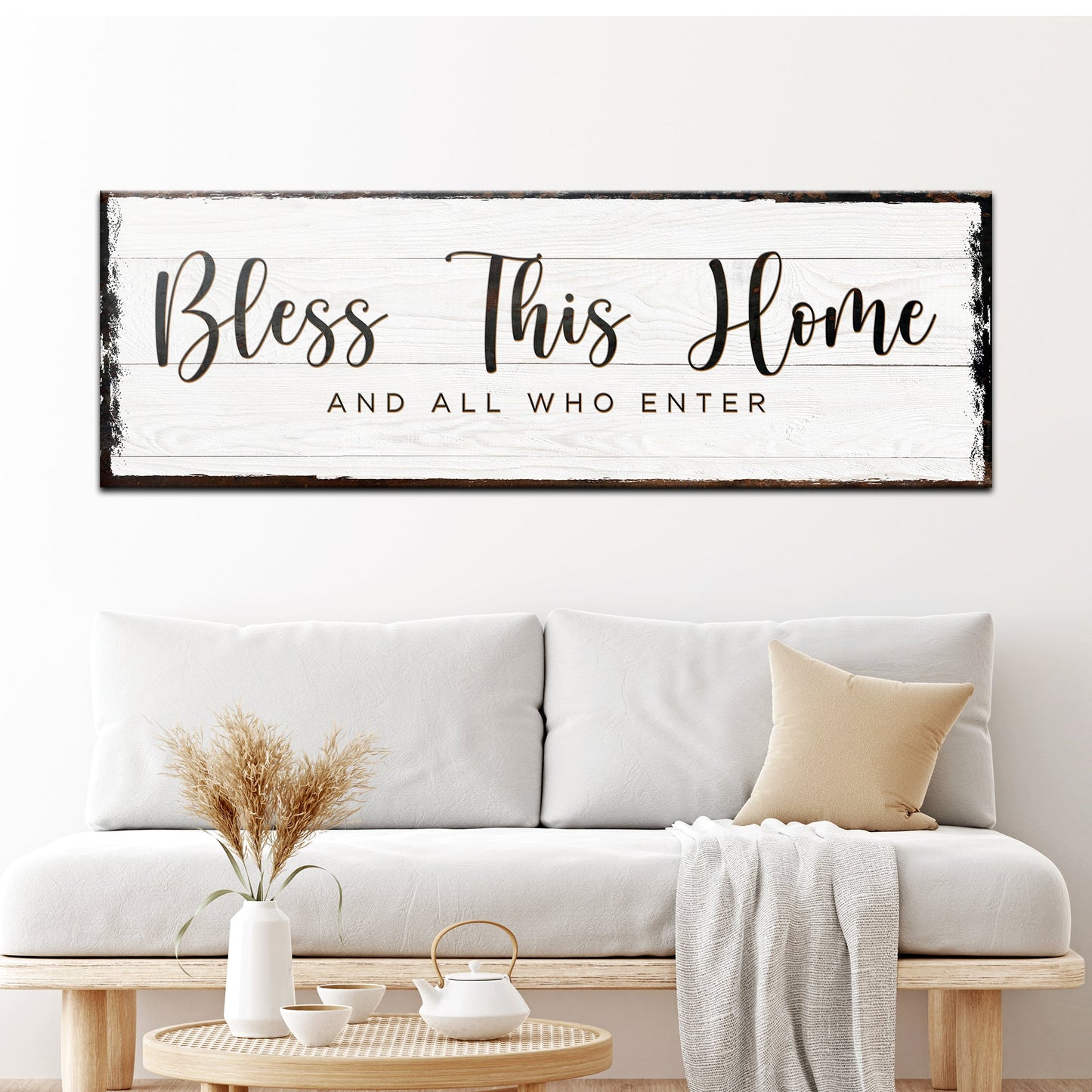 Bless This Home canvas sign on whitewashed wood background with rustic edges Tailored Canvases on Tampa Home & Garden Store