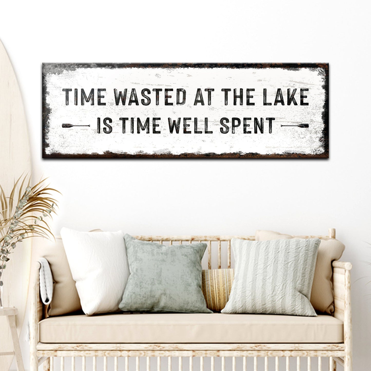 Time At The Lake Sign canvas by Tailored Canvases, white distressed rustic wall art on Tampa Home & Garden Store