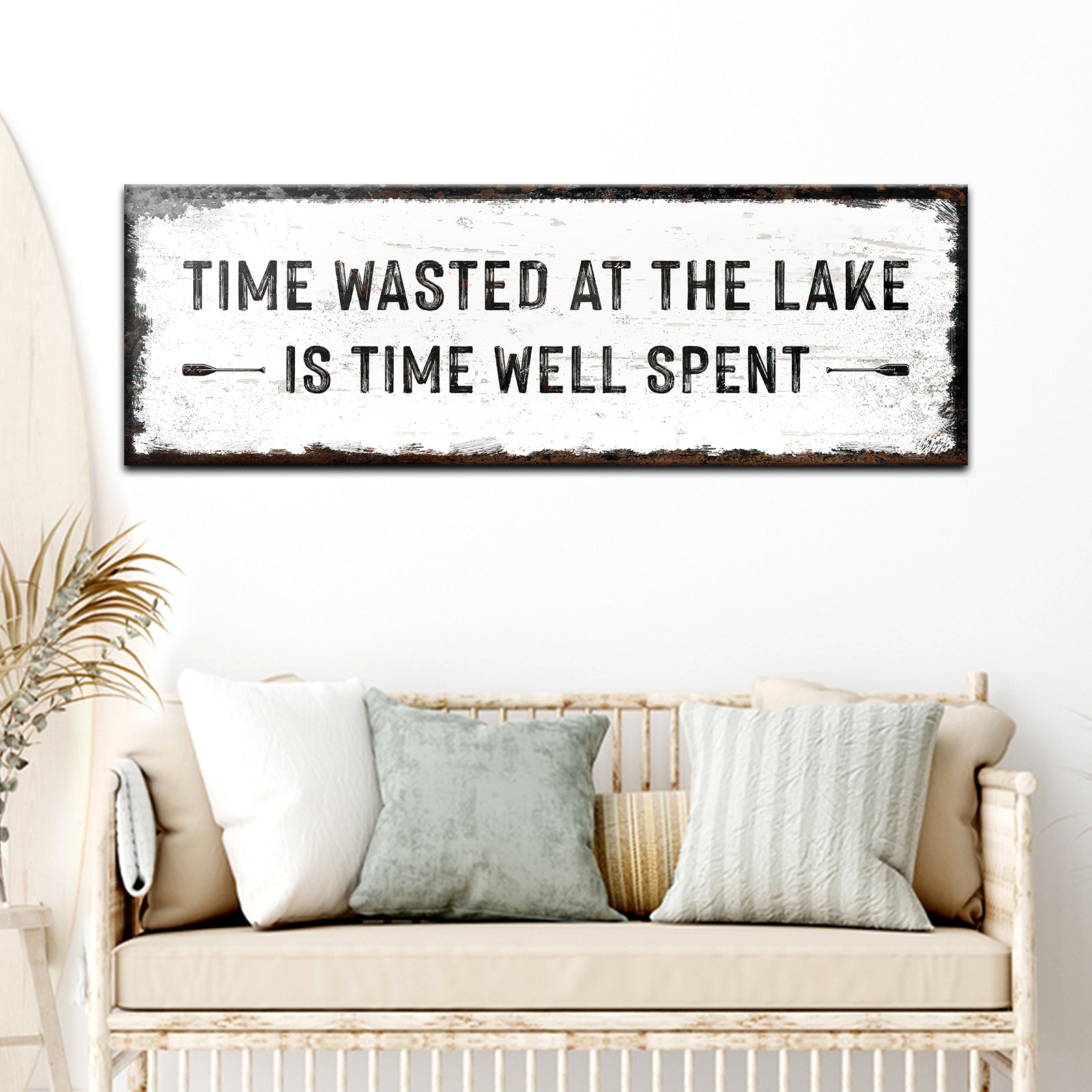 Time At The Lake Sign canvas by Tailored Canvases, white distressed rustic wall art on Tampa Home & Garden Store