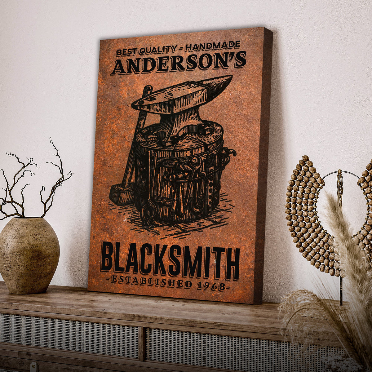 Canvas sign with rusted copper finish and vintage blacksmith motif ANDERSON'S BLACKSMITH text Tailored Canvases on Tampa Home & Garden Store