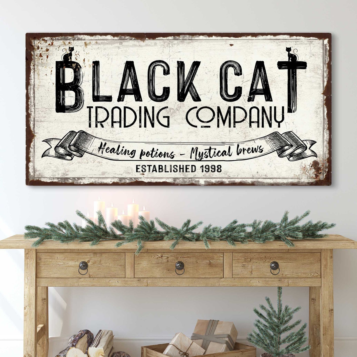 Black Cat Trading Company Sign canvas by Tailored Canvases with distressed white background on Tampa Home & Garden Store