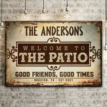 Welcome To The Patio Sign canvas wall art with distressed brown design and string lights on Tampa Home & Garden Store