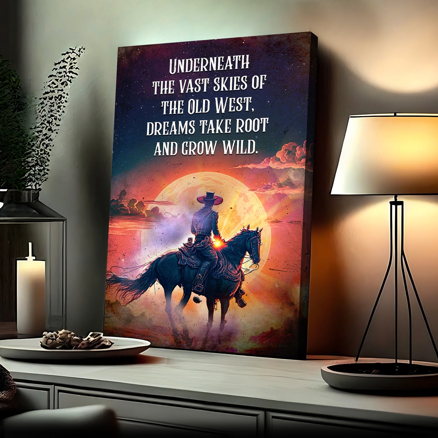 Canvas sign by Tailored Canvases with starry sunset and cowboy on horseback, quote artwork on Tampa Home & Garden Store