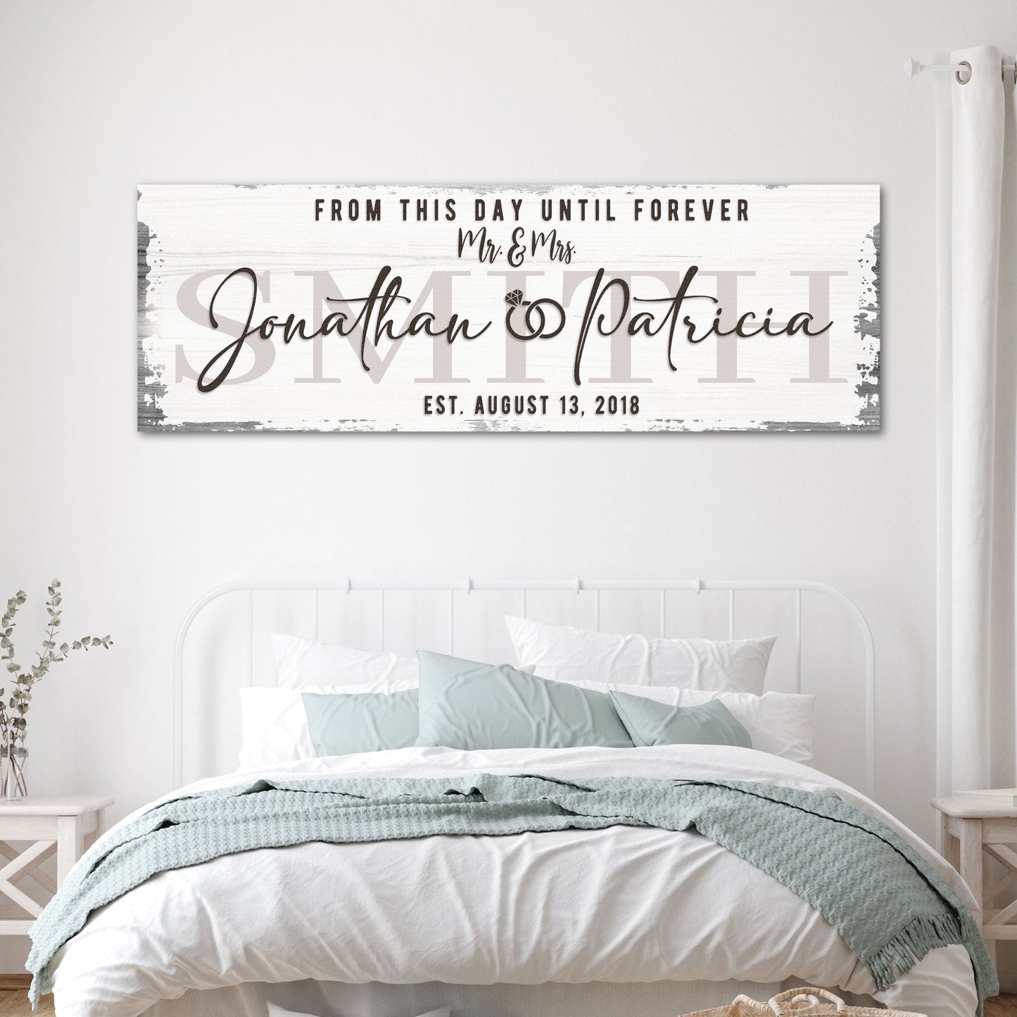 Custom Wedding Sign II canvas by Tailored Canvases, rustic white wood plank with J & P on Tampa Home & Garden Store