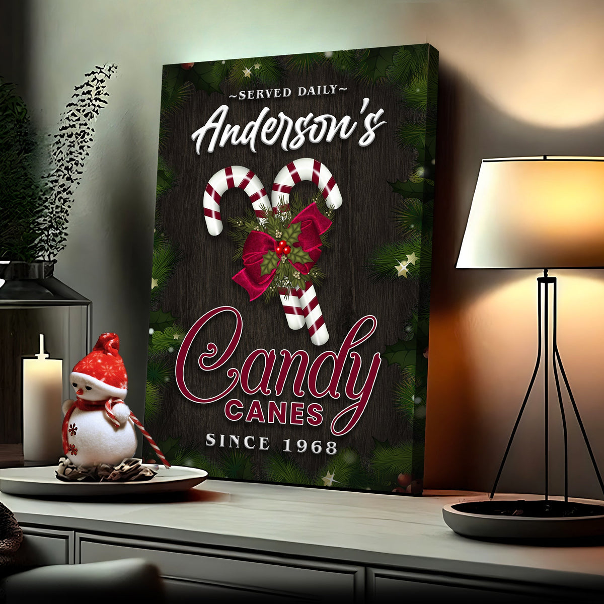 Served Daily Candy Canes Sign canvas featuring Anderson's Candy Canes on a dark wood panel on Tampa Home & Garden Store