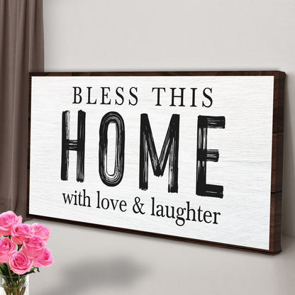 Canvas sign Bless This Home With Love & Laughter by Tailored Canvases, distressed panel on Tampa Home & Garden Store