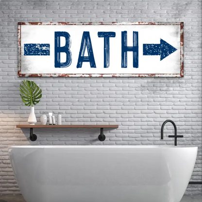 Bath Arrow Sign canvas wall art with rustic framed white panel and bold blue lettering on Tampa Home & Garden Store
