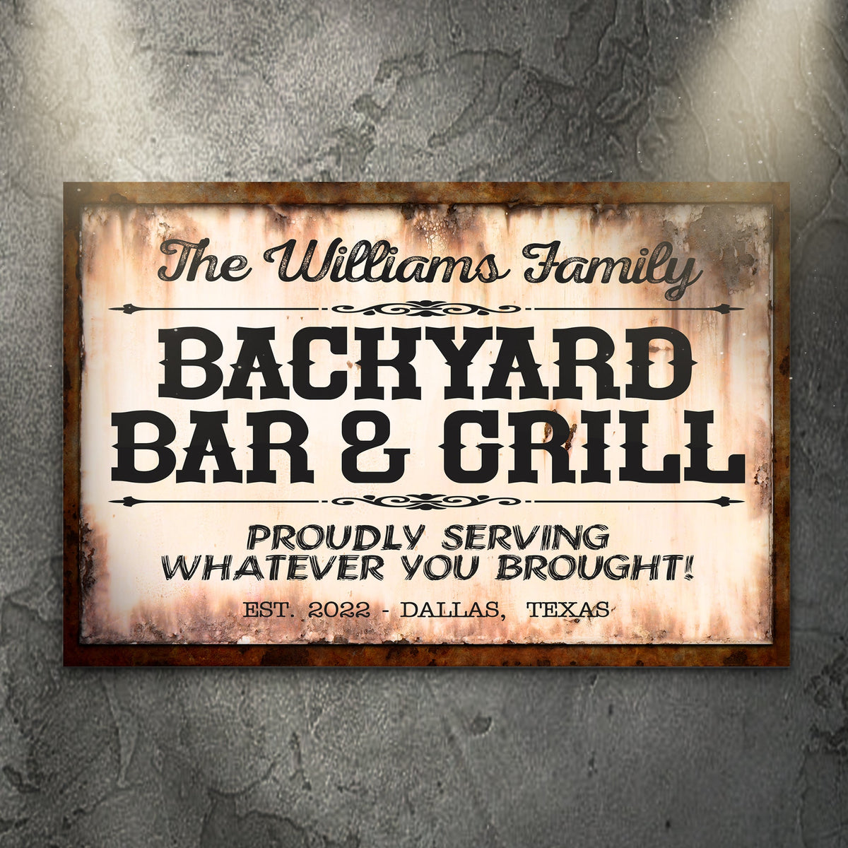 Canvas sign Backyard Bar & Grill by Tailored Canvases with a rustic weathered frame on Tampa Home & Garden Store