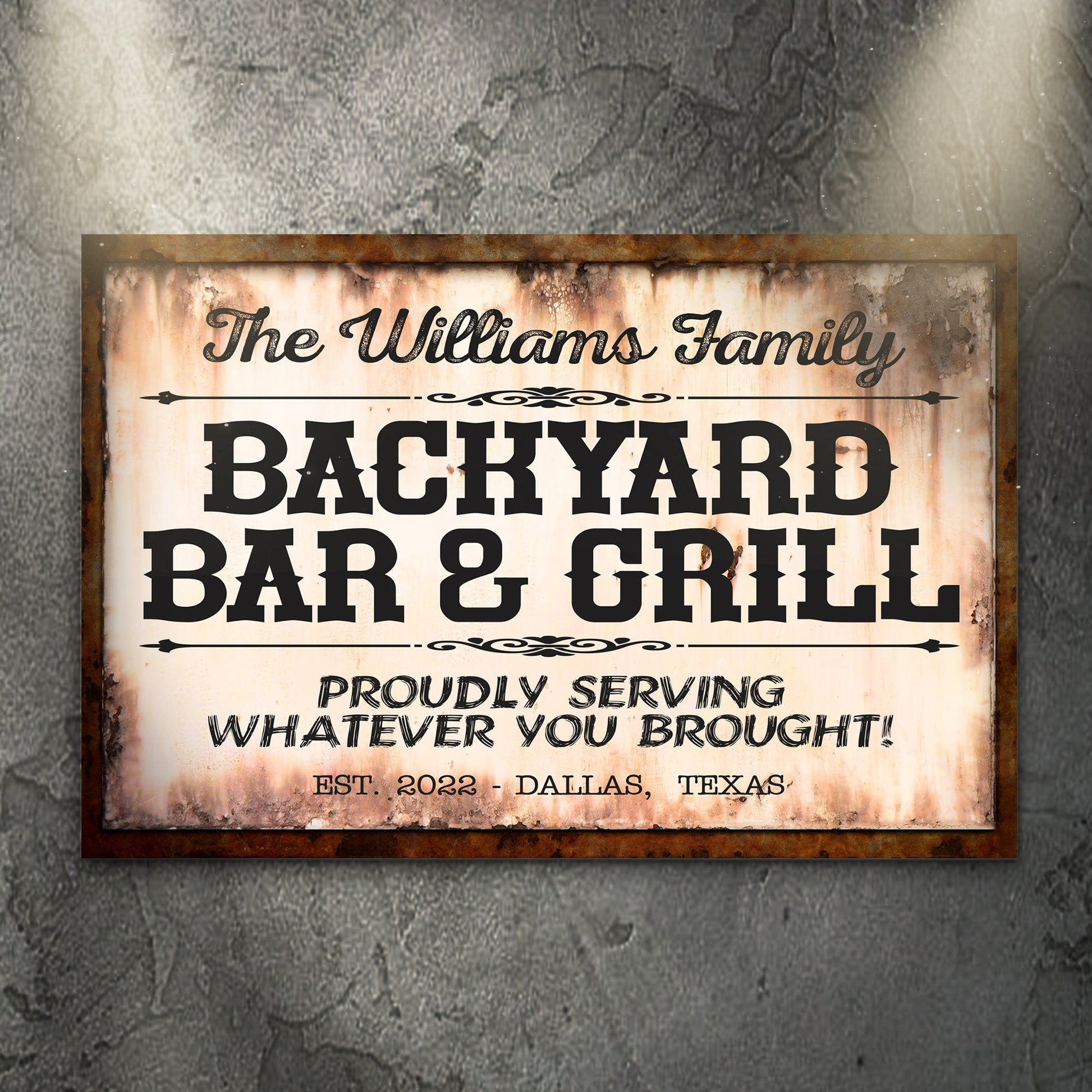Canvas sign Backyard Bar & Grill by Tailored Canvases with a rustic weathered frame on Tampa Home & Garden Store