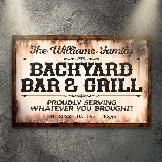 Canvas sign Backyard Bar & Grill by Tailored Canvases with a rustic weathered frame on Tampa Home & Garden Store