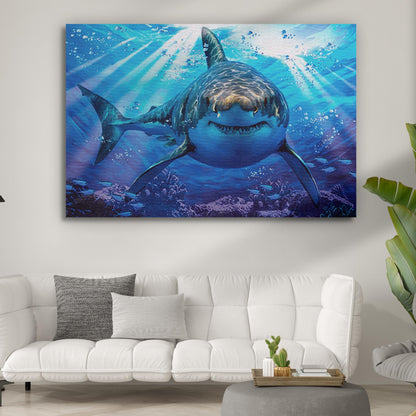 Underwater White Shark Canvas Wall Art by Tailored Canvases, vivid blue ocean scene on Tampa Home & Garden Store