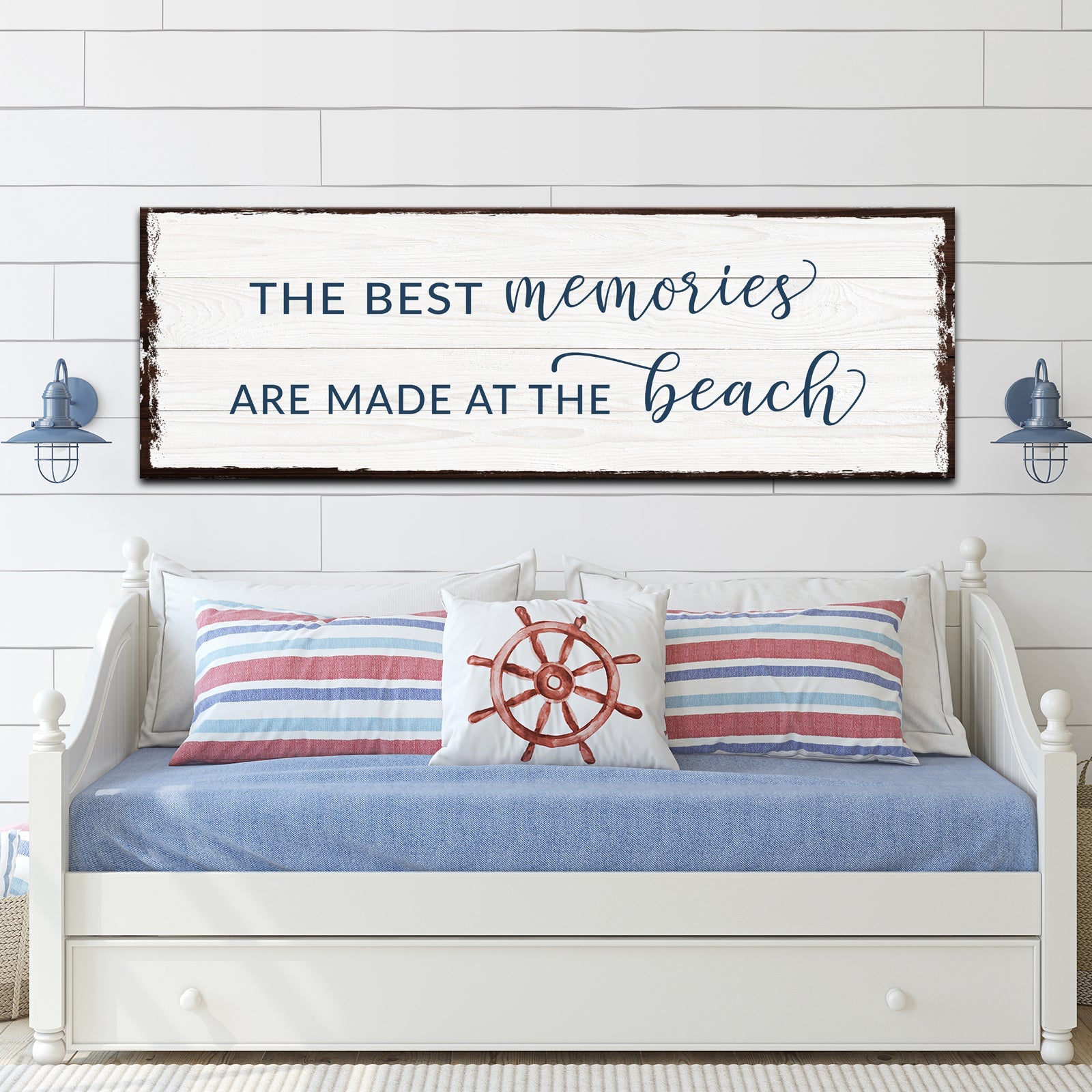 Best Memories At The Beach Sign canvas wall art with navy script on white planks on Tampa Home & Garden Store