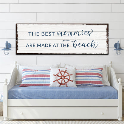 Best Memories At The Beach Sign canvas wall art with navy script on white planks on Tampa Home & Garden Store