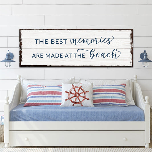 Best Memories At The Beach Sign canvas wall art with navy script on white planks on Tampa Home & Garden Store