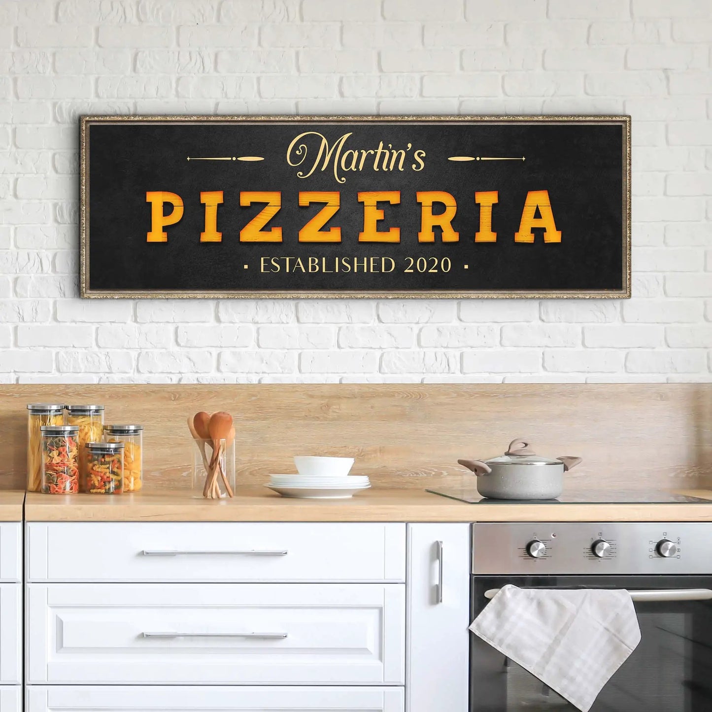 Wood Pizzeria Sign Canvas by Tailored Canvases, black background with orange PIZZERIA lettering on Tampa Home & Garden Store