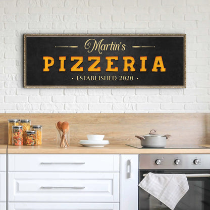 Wood Pizzeria Sign Canvas by Tailored Canvases, black background with orange PIZZERIA lettering on Tampa Home & Garden Store
