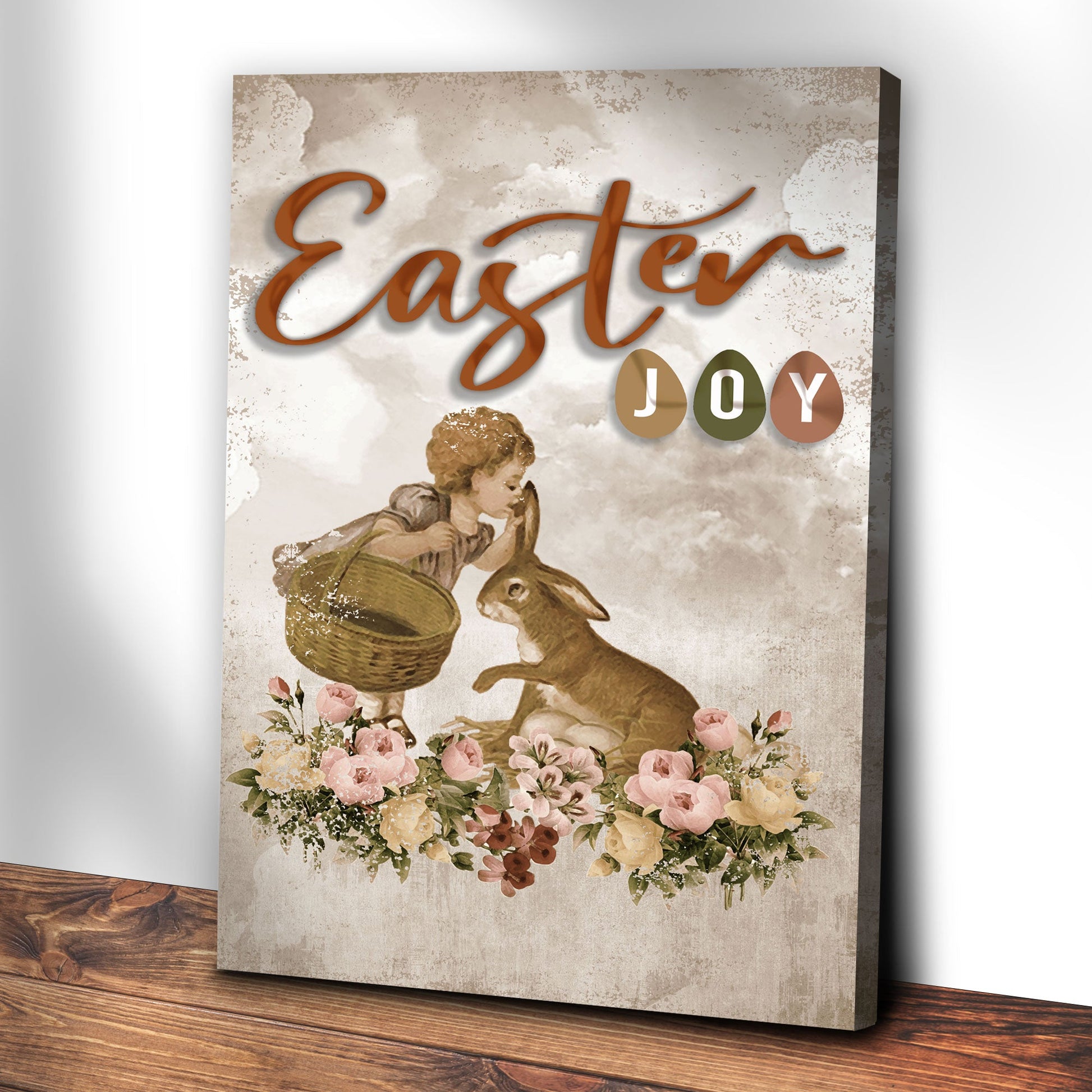 Easter Joy Sign II canvas by Tailored Canvases with vintage bunny basket and florals on Tampa Home & Garden Store