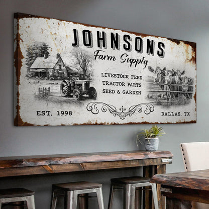 Johnson's Farm Supply canvas sign with rustic distressed border featuring barn, tractor and cows on Tampa Home & Garden Store