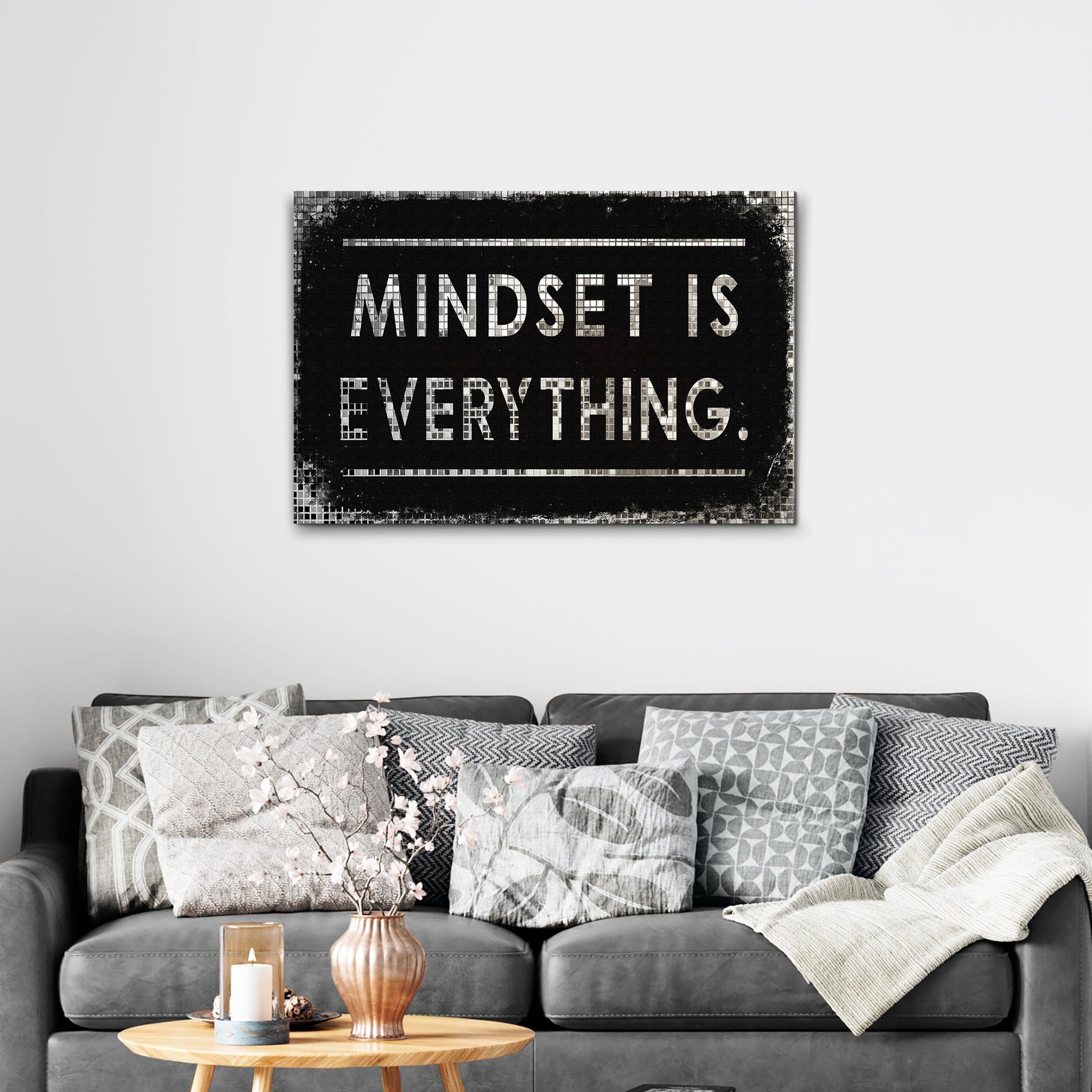 Mindset Is Everything Sign canvas wall art with black background and white mosaic lettering on Tampa Home & Garden Store