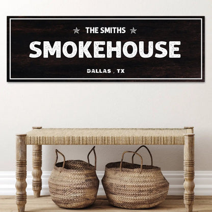 Smokehouse Sign canvas by Tailored Canvases with dark wood border, SMOKEHOUSE Dallas TX on Tampa Home & Garden Store