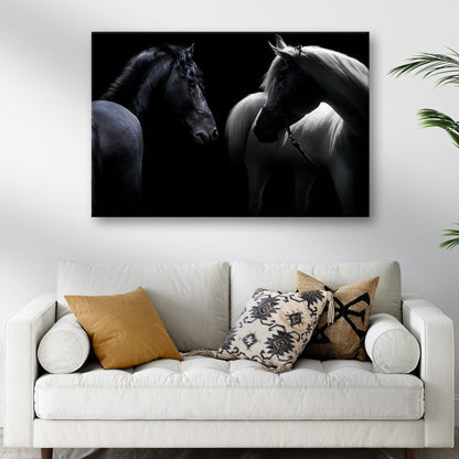 Monochromatic Horses Canvas Wall Art black and white horses facing each other Tailored Canvases on Tampa Home & Garden Store