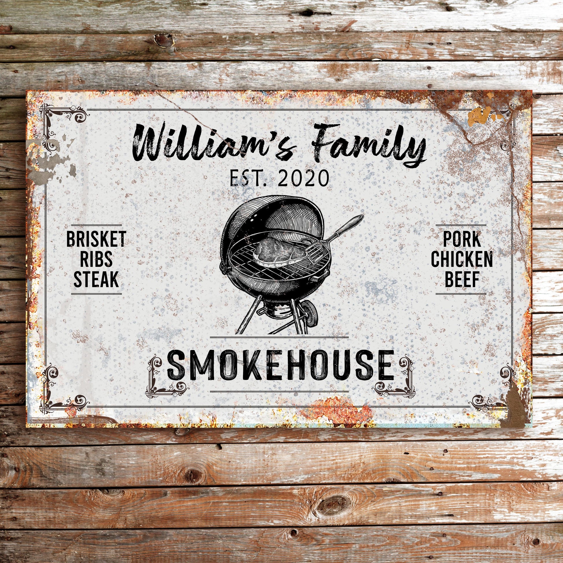 Family Smokehouse Sign II canvas by Tailored Canvases with rustic border and grill illustration on Tampa Home & Garden Store