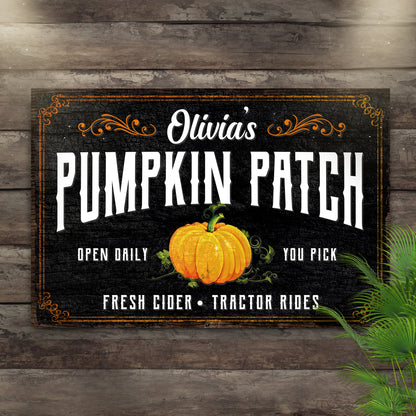 Pumpkin Patch Sign IV canvas by Tailored Canvases with black textured background and orange border on Tampa Home & Garden Store