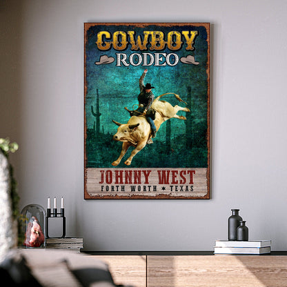 Cowboy Rodeo Show Sign canvas teal backdrop rider on buckin bull Tailored Canvases on Tampa Home & Garden Store