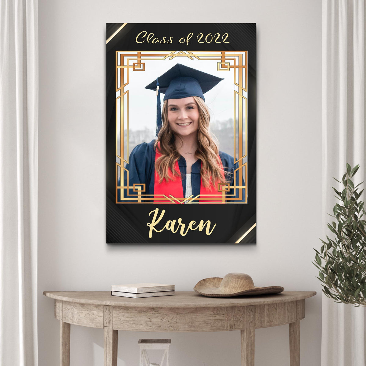 Graduation Gift Portrait Sign II canvas Tailored Canvases navy cap gown with gold border on Tampa Home & Garden Store