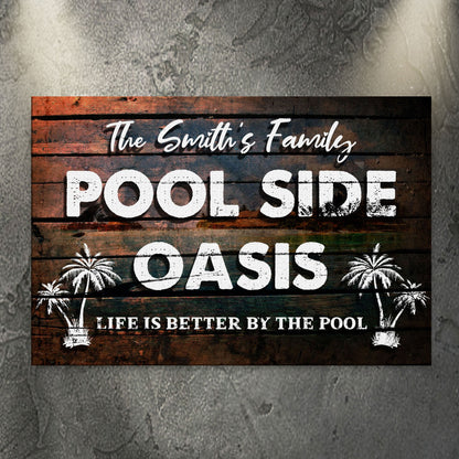 Poolside Oasis Sign canvas with rustic wood backdrop, white bold lettering and palm trees on Tampa Home & Garden Store