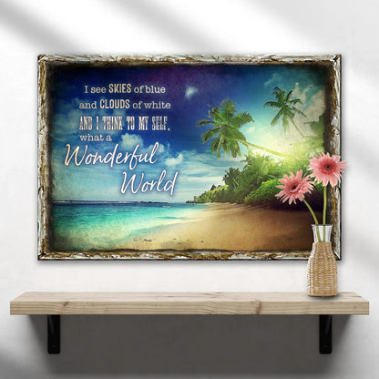 What A Wonderful World Sign IX canvas with tropical beach scene and weathered white frame on Tampa Home & Garden Store