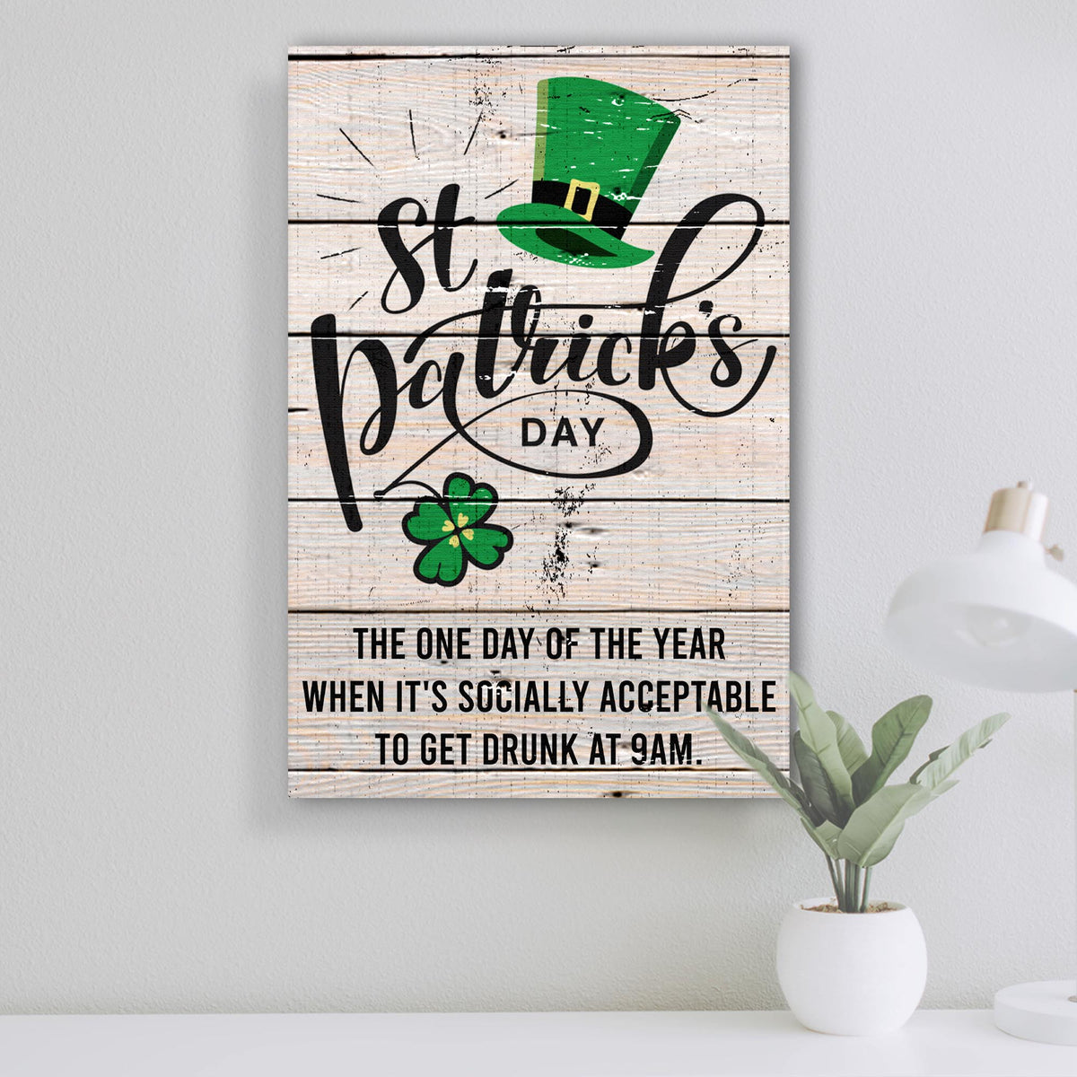 St Patrick's Day Sign IV canvas by Tailored Canvases featuring a green leprechaun hat on wood on Tampa Home & Garden Store