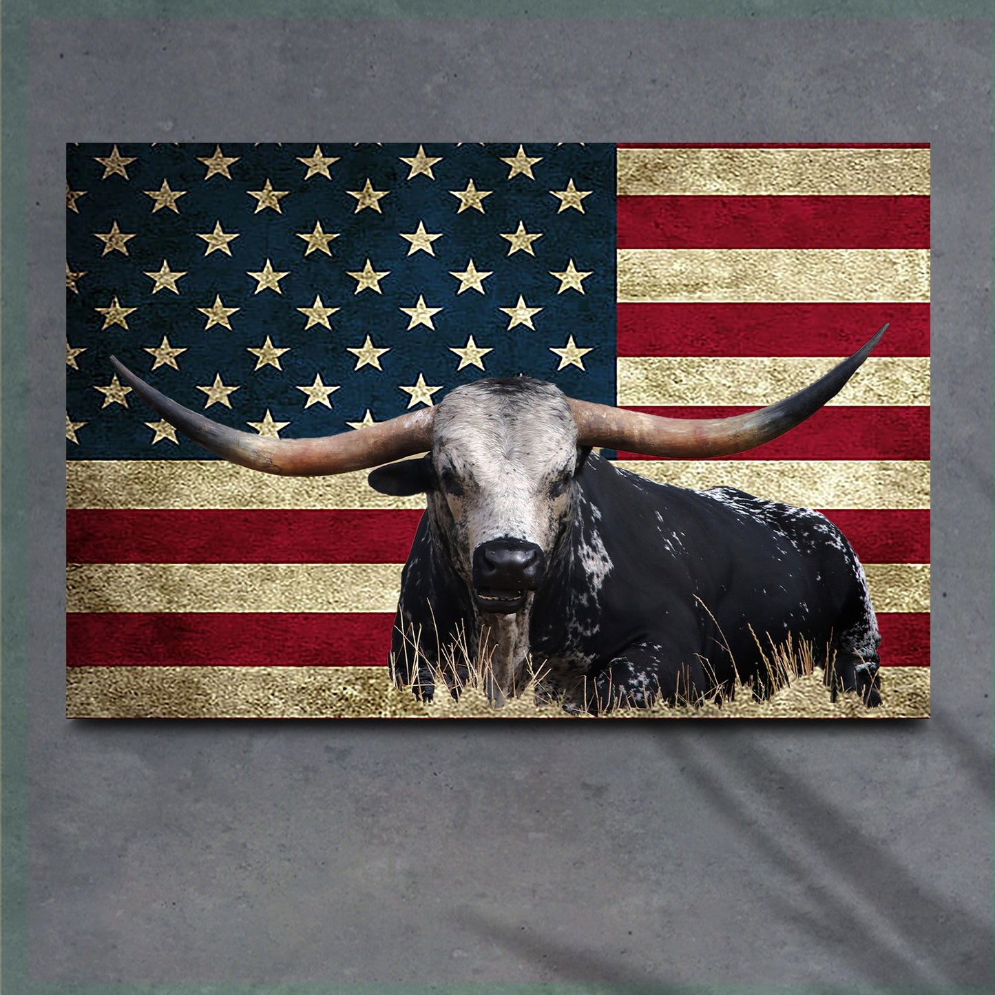 Canvas wall art Longhorn Cattle American Flag by Tailored Canvases with starry blue field and striped background on Tampa Home & Garden Store