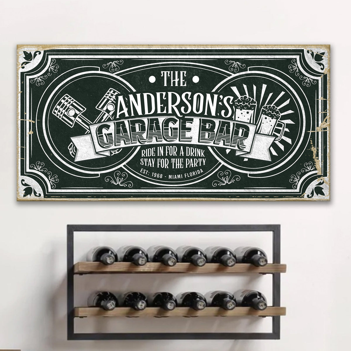 Garage Bar sign canvas art by Tailored Canvases with ornate white typography on green background on Tampa Home & Garden Store