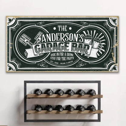 Garage Bar sign canvas art by Tailored Canvases with ornate white typography on green background on Tampa Home & Garden Store