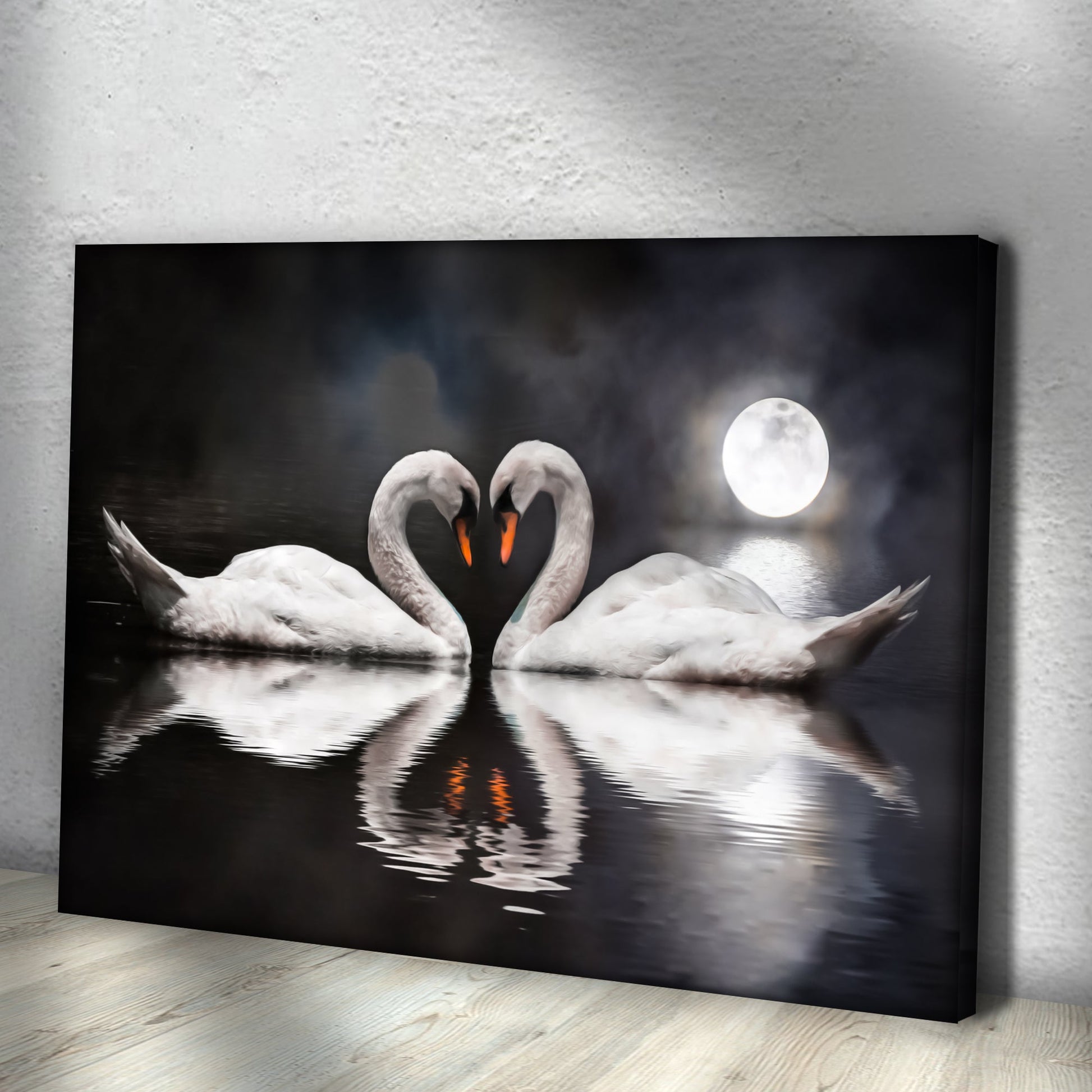 Moonlit Romantic Swan Canvas Wall Art with two swans on dark water under a full moon on Tampa Home & Garden Store