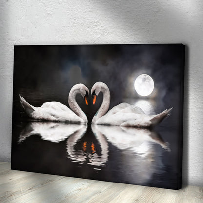 Moonlit Romantic Swan Canvas Wall Art with two swans on dark water under a full moon on Tampa Home & Garden Store