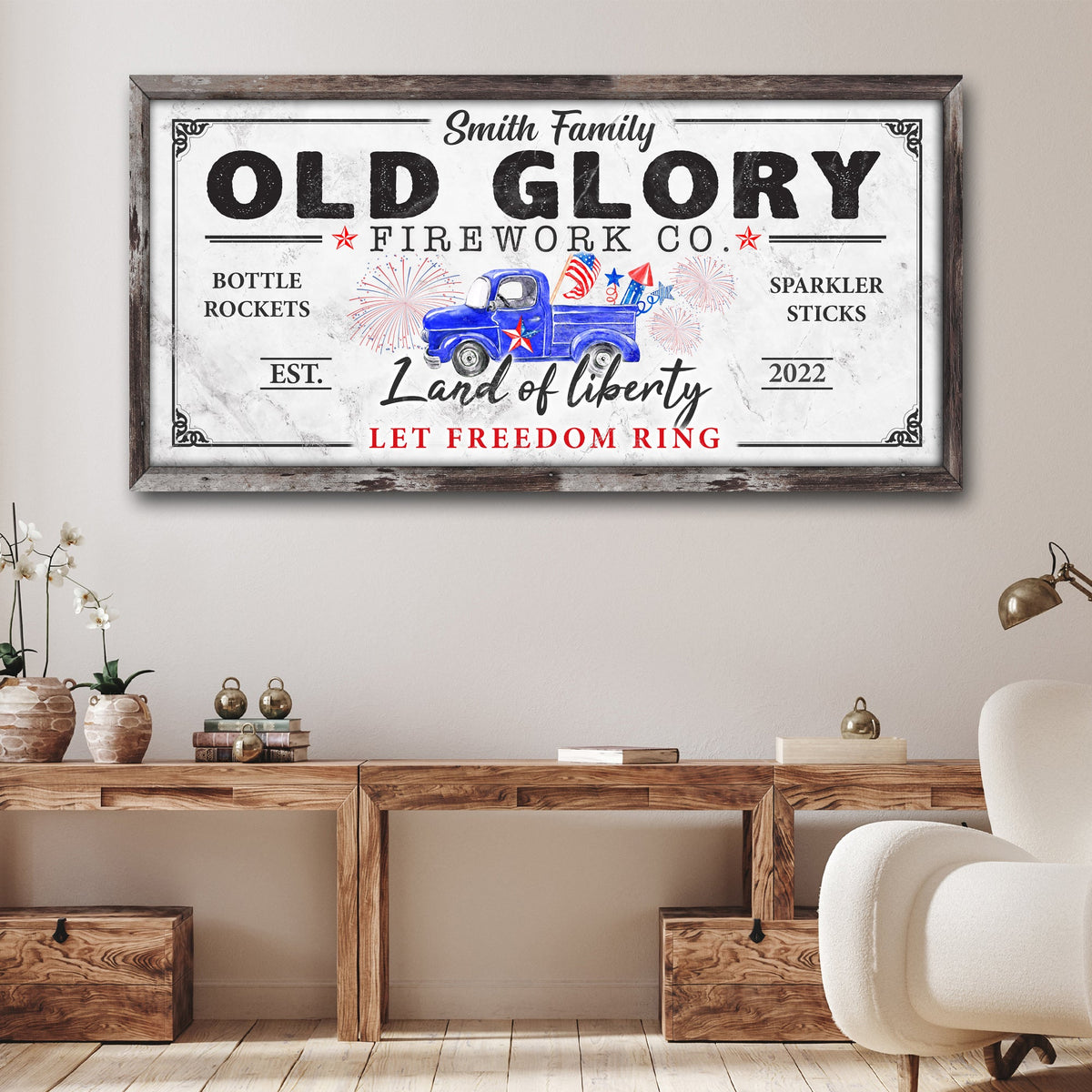 Old Glory Firework Co Let Freedom Ring canvas sign by Tailored Canvases with frame and truck on Tampa Home & Garden Store