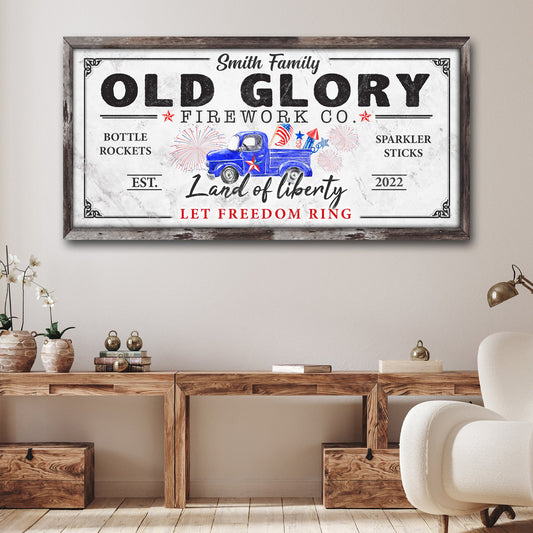 Old Glory Firework Co Let Freedom Ring canvas sign by Tailored Canvases with frame and truck on Tampa Home & Garden Store