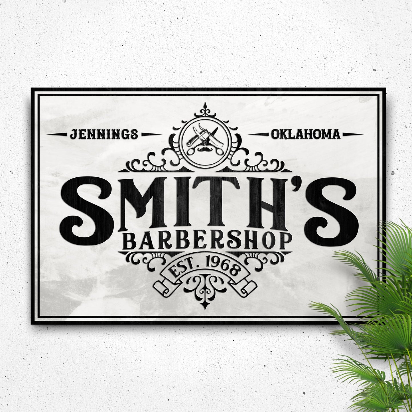 Barbershop Sign IV canvas by Tailored Canvases with vintage border and ornate crest on Tampa Home & Garden Store