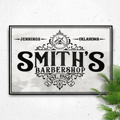 Barbershop Sign IV canvas by Tailored Canvases with vintage border and ornate crest on Tampa Home & Garden Store