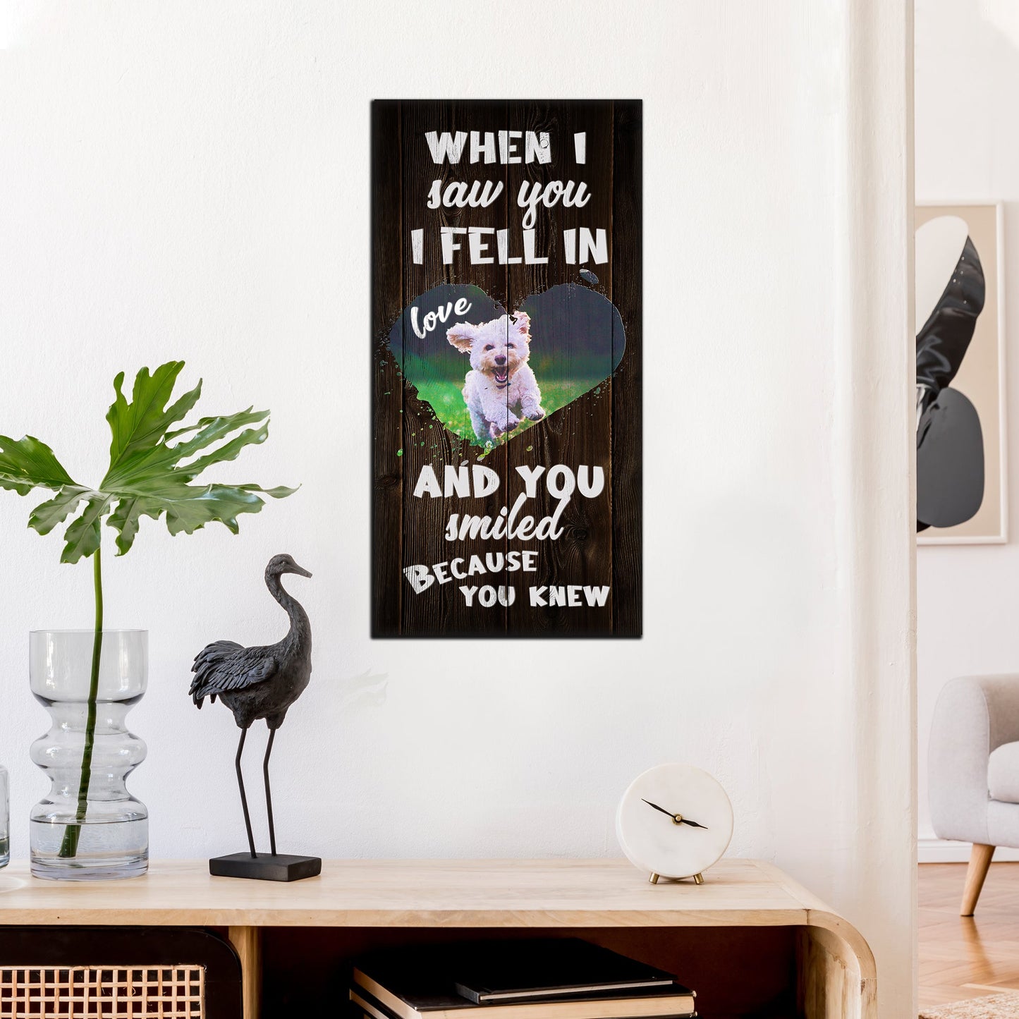 Pet Adoration Sign canvas by Tailored Canvases, woodgrain with white text and dog image on Tampa Home & Garden Store