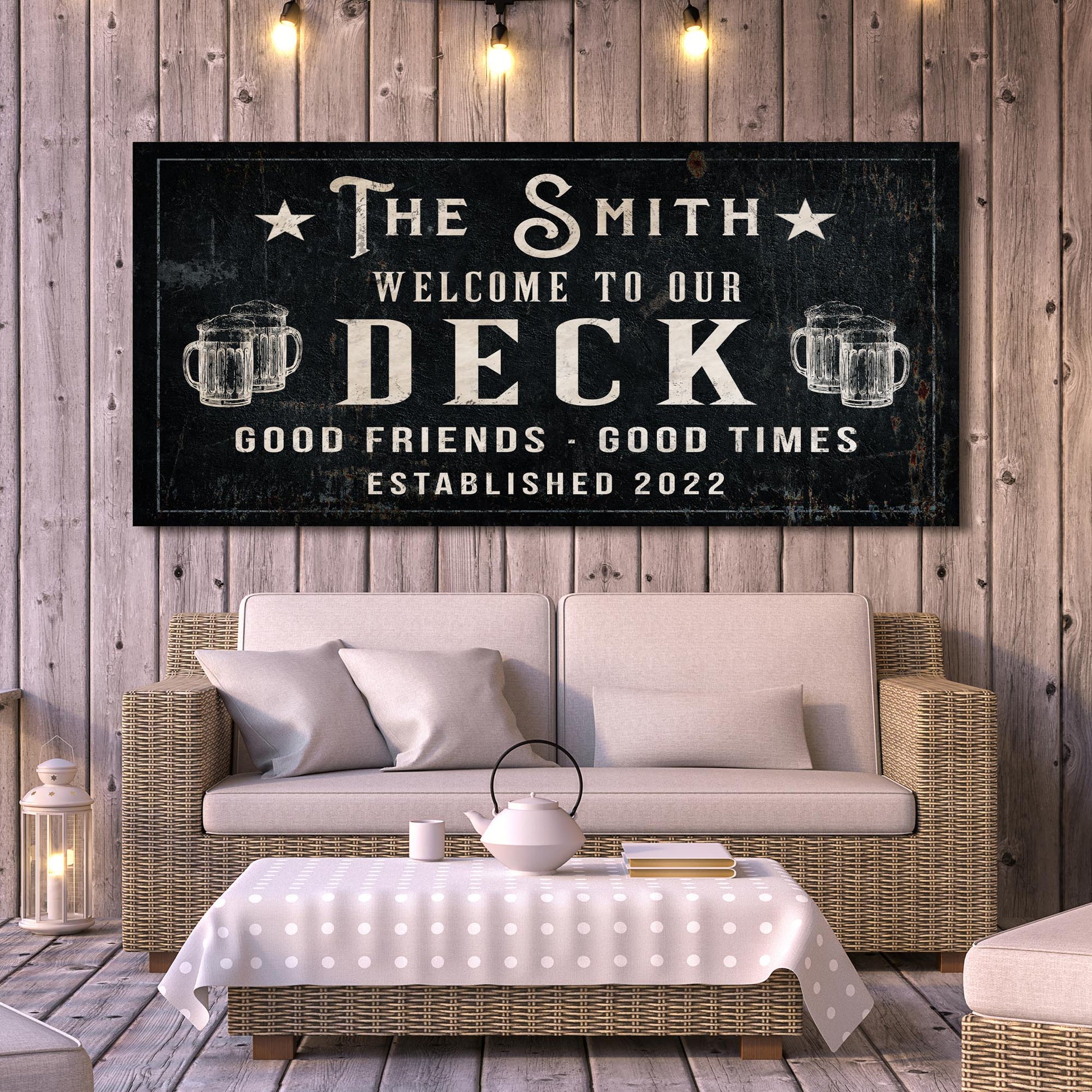 Canvas sign Good Friends Good Times Welcome To Our Deck with beer mug accents Tailored Canvases on Tampa Home & Garden Store