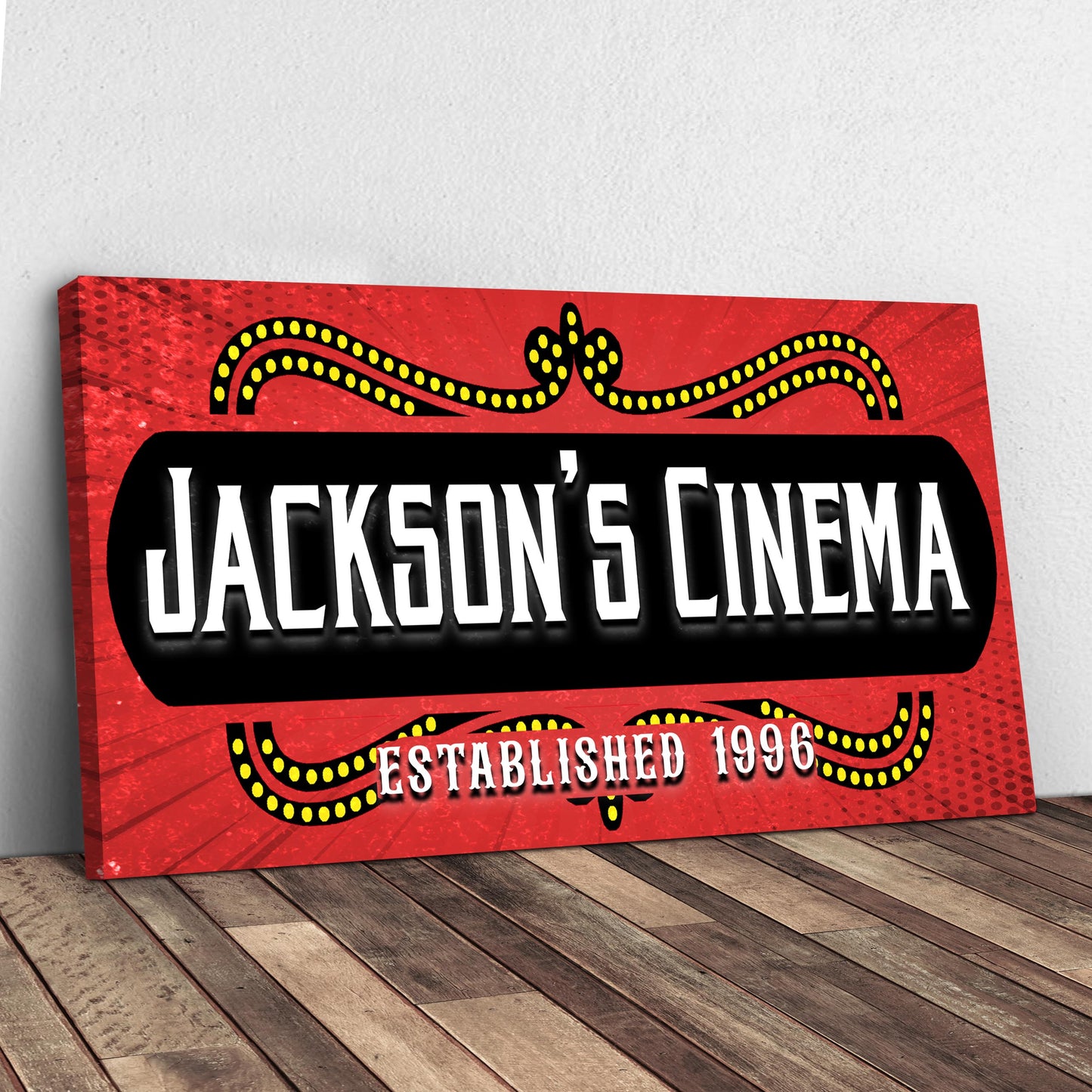 Family Cinema Sign III canvas print red vintage marquee with yellow dots Tailored Canvases on Tampa Home & Garden Store
