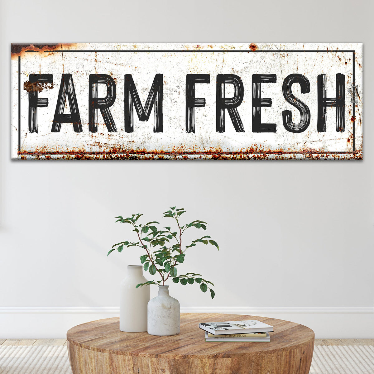 Farm Fresh Sign canvas by Tailored Canvases, rustic white panel with black lettering on Tampa Home & Garden Store