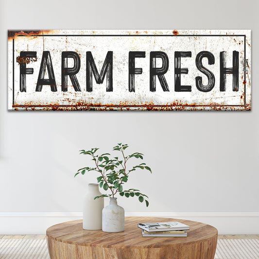 Farm Fresh Sign canvas by Tailored Canvases, rustic white panel with black lettering on Tampa Home & Garden Store