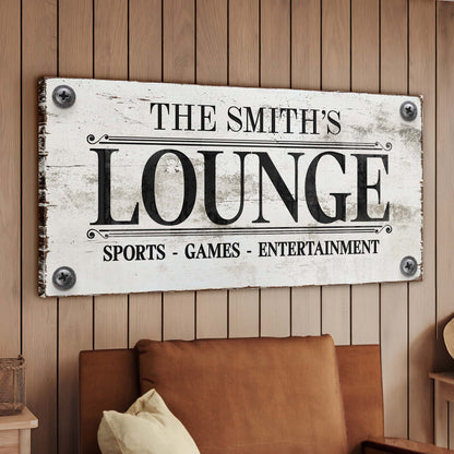 Family Sports Games Lounge Sign canvas with bold black lettering on wood wall on Tampa Home & Garden Store