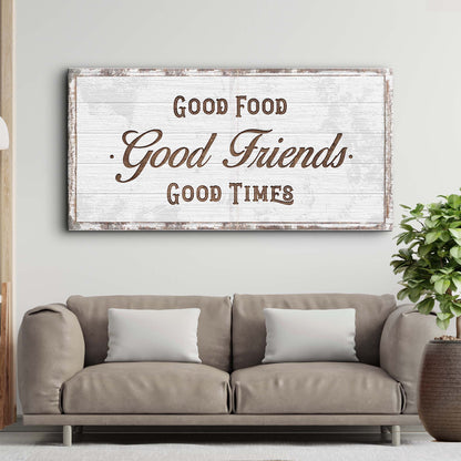 Good Food Good Friends Good Times sign on rustic whitewashed canvas by Tailored Canvases on Tampa Home & Garden Store