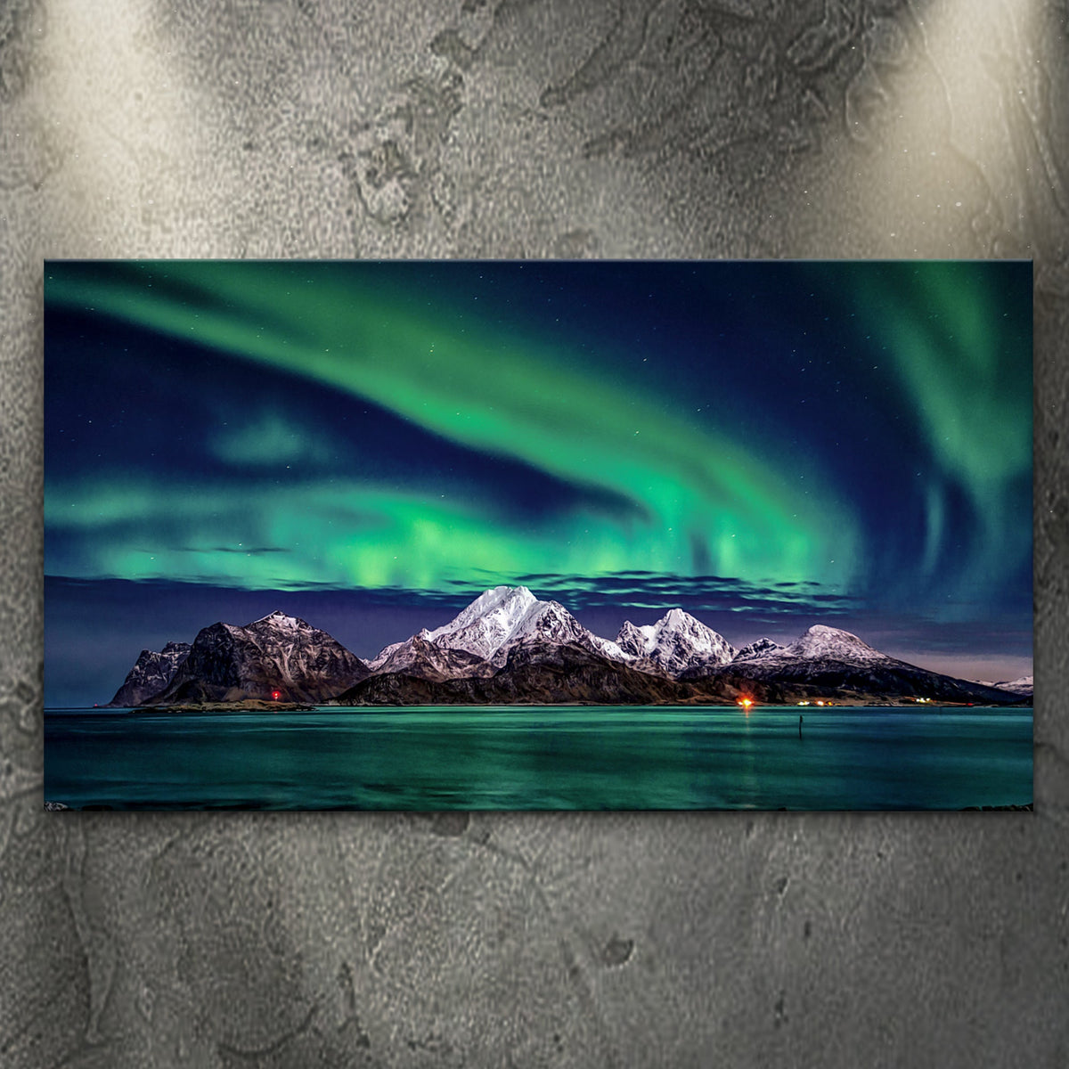 Lake and Northern Lights canvas wall art with snowy mountains Tailored Canvases on Tampa Home & Garden Store